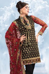 Black Viscose Embroidered Unstitched Churidar Kameez
