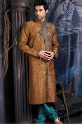 Golden Yellow Jacquard Fabric Embroidered Sherwani - SI287