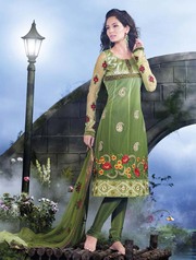 Lush Green Net Embroidered Churidar Kameez with Dupatta - RS0727B