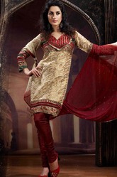 Reva - Off white and Golden Cotton Unstitched Salwar Kameez - S148