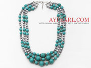 Multi Strands Gray Freshwater Pearl and Turquoise Necklace with Extend