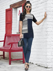 Amazing navy blue polyester and crepe casual wear tunic