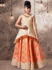 Sensuous orange and cream jacquard party wear gown for girls