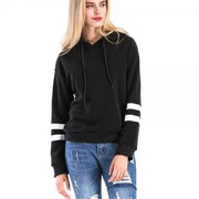 Striped Full Sleeve Kangaroo Pocket Black Fleece Sweatshirt With Hood