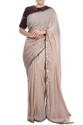 Coffee coloured natural crepe saree available only at TheHLabel