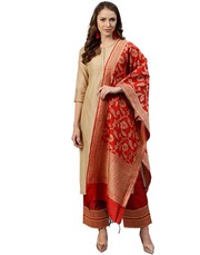 Women Beige and Red Solid Straight Chanderi Kurta with Palazzo