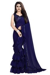 Women's Georgette Ruffle Frill Saree With Blouse Piece (Dark blue)