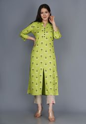 NAAVIV Women’s Light Green Kurta Cotton Pant Set With Front Placket