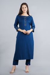 NAAVIV Women’s Teal  Blue Rayon Straight Kurta With Pants