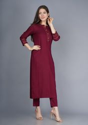 NAAVIV Women’s Wine Rayon Straight Kurta with Pants-