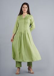 NAAVIV Women’s Pista Green Rayon Flared kurta with Palazzo 