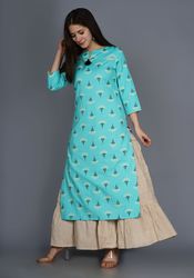 NAAVIV Women’s Aqua Blue Cotton Kurta with Skirt 