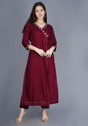 NAAVIV Women’s Rayon Angrakha Kurta with Pants – Wine colour-