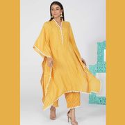 Mustard Yellow with White border Swapna Kaftan Set | The Atelier Desig