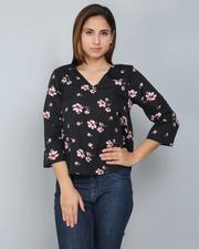 Black Floral V-Neck printed Top